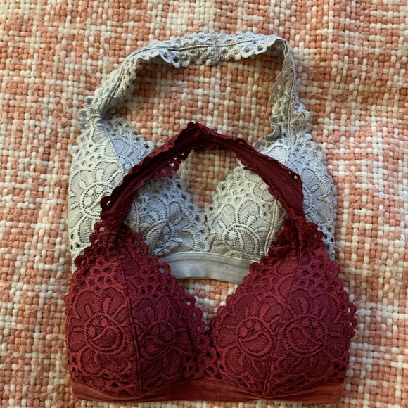 Grey & Maroon Lace Halter Bralette Set - Picture 1 of 3
